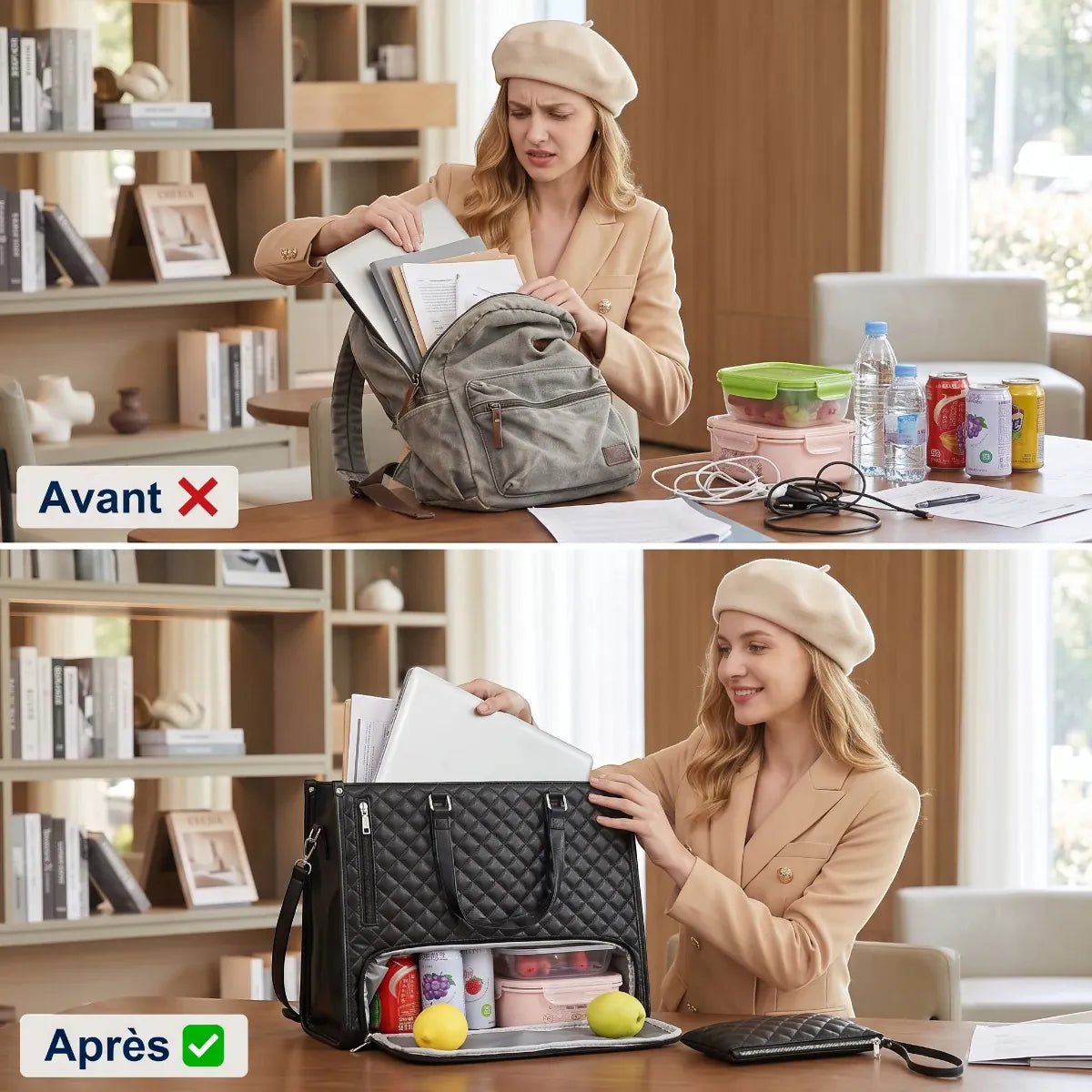 Comparatif avant et après l'utilisation de la sacoche ordi femme Dualia