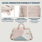 Gros plans sur les finitions haut de gamme de la sacoche ordi femme Mahoo avec fermetures à glissière fluides et coutures renforcées.
