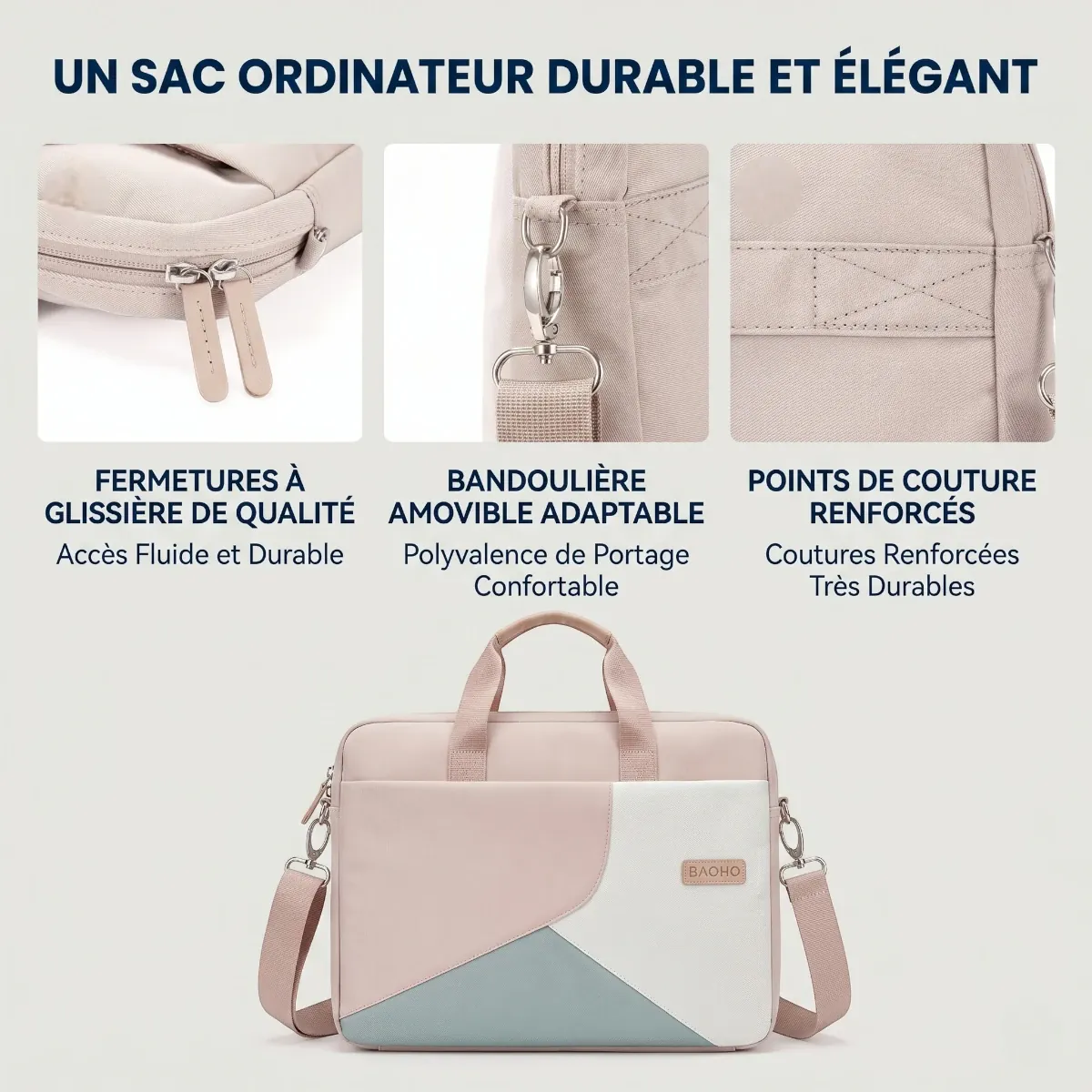 Gros plans sur les finitions haut de gamme de la sacoche ordi femme Mahoo avec fermetures à glissière fluides et coutures renforcées.