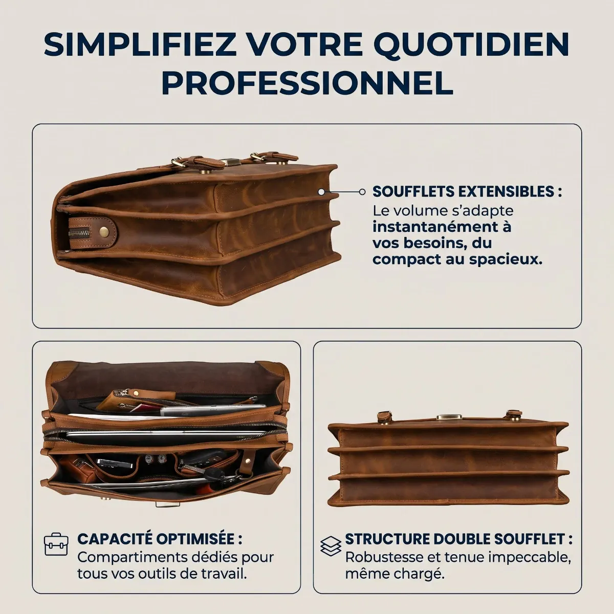 Soufflets de la sacoche ordi femme Trivault. Plus structurée qu'une sacoche ordi standard et plus pro qu'un sac à dos ordi.