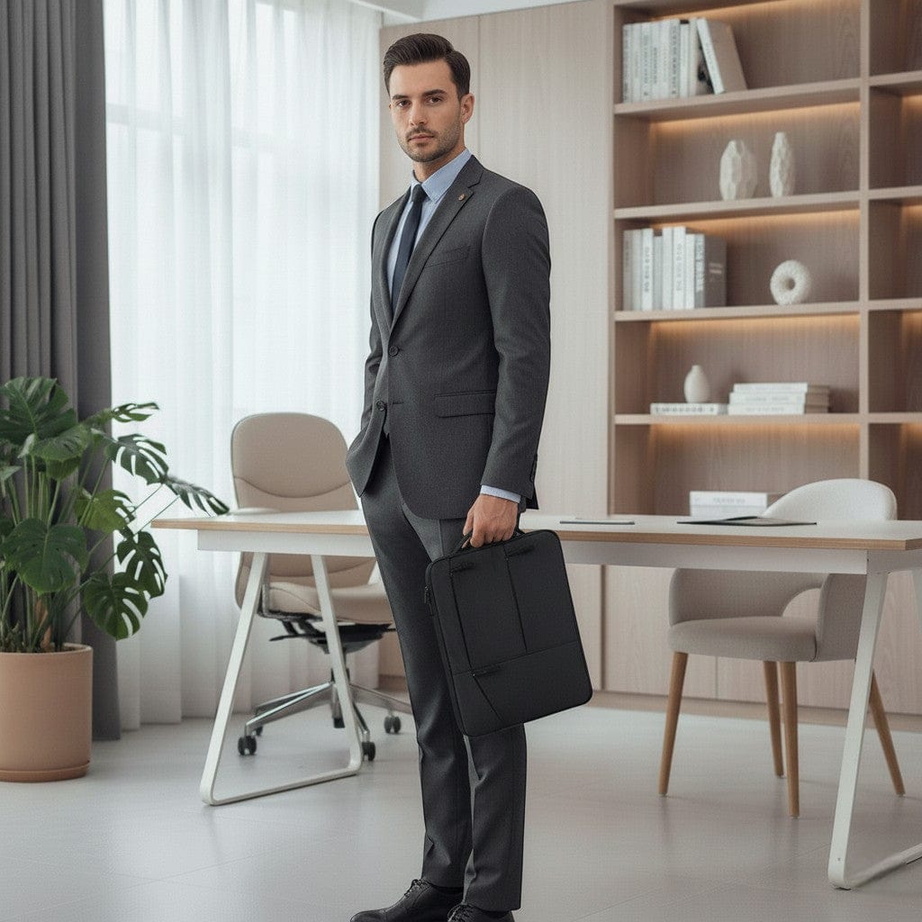 Homme en costume portant une sacoche pour ordinateur noire pour homme