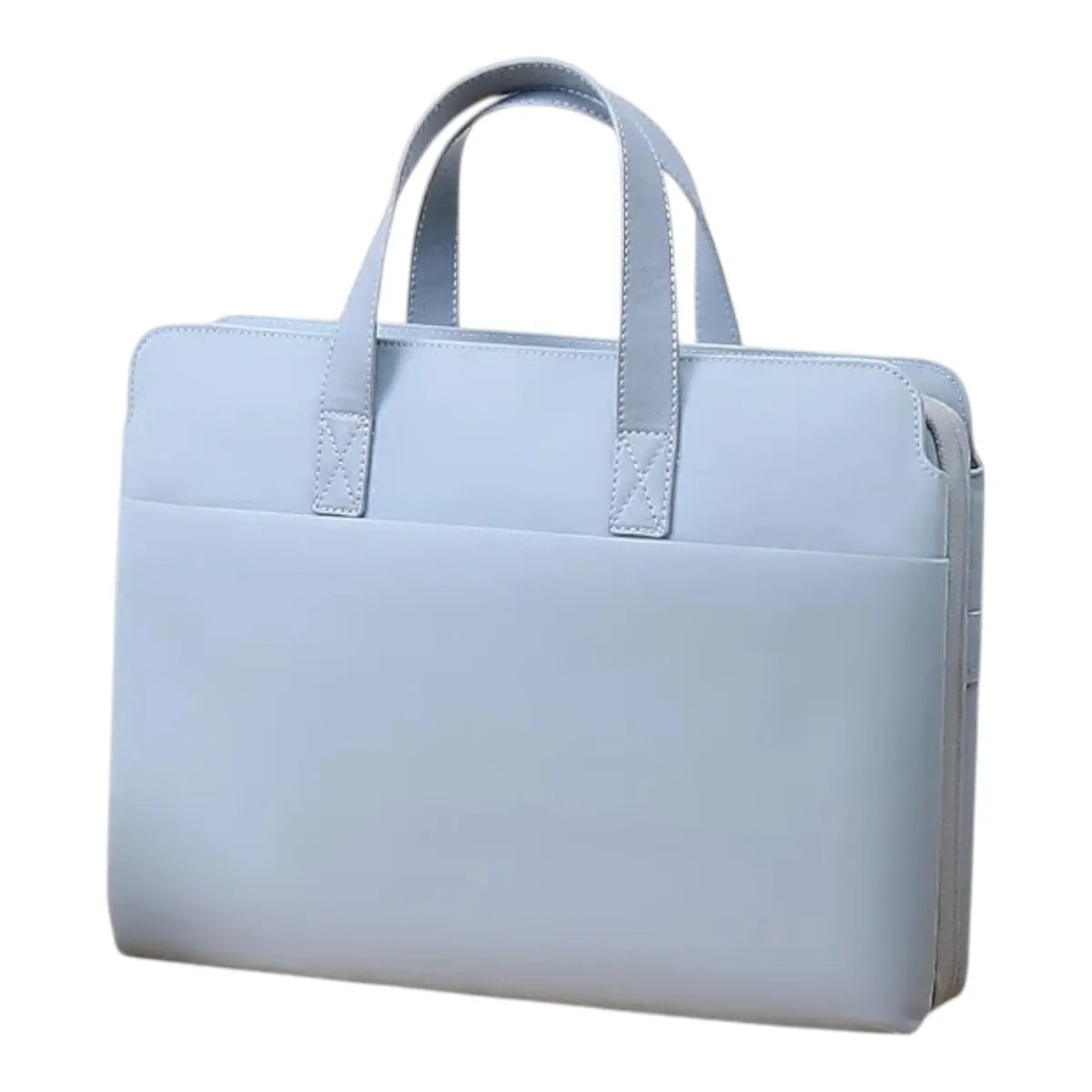 Sacoche ordinateur pour femme couleur bleu pastel vue de trois-quarts.