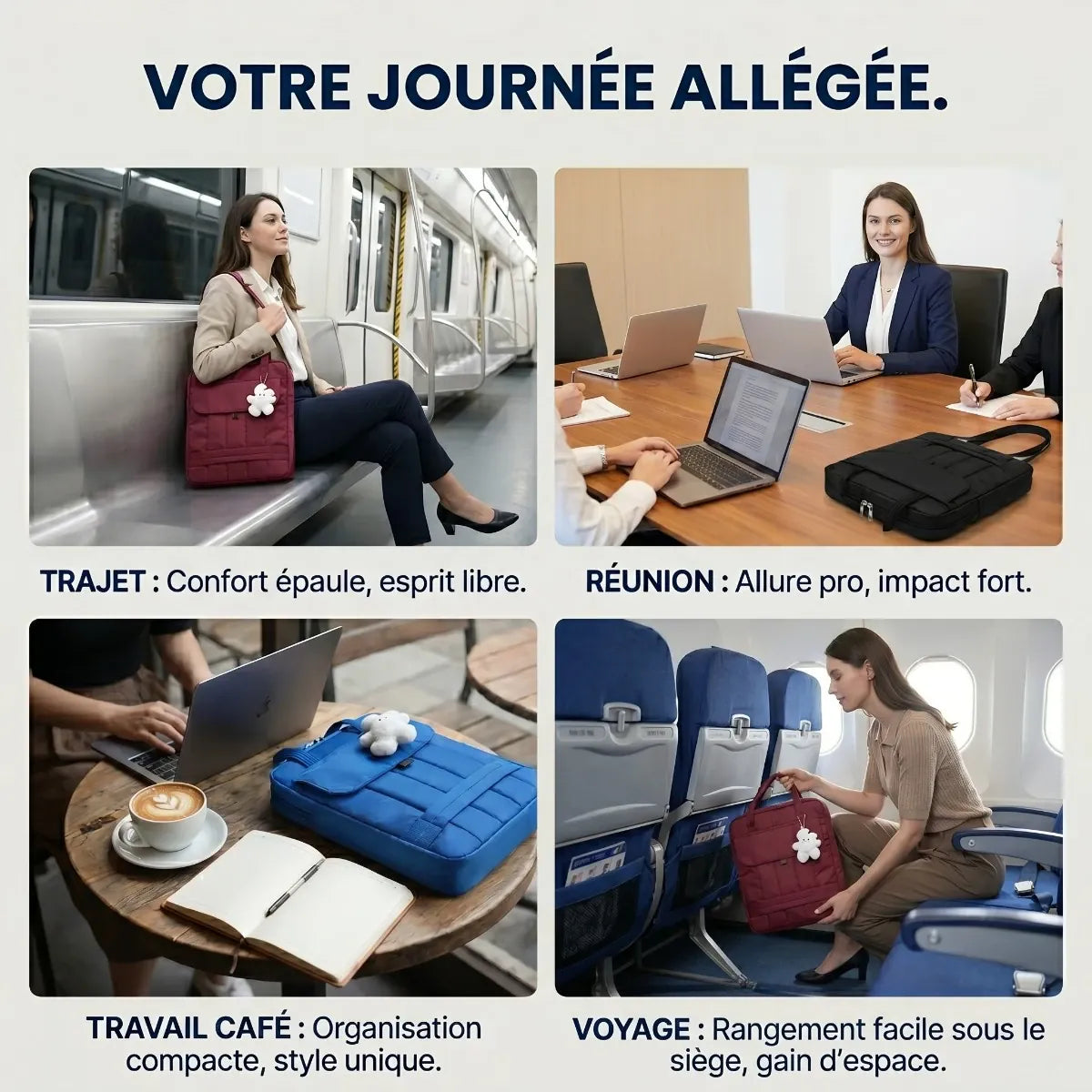Mise en situation de la sacoche ordinateur pour femme Chrono à travers 4 moments de la vie professionnelle : trajet en métro, réunion d'affaires entre femmes, travail au café et rangement sous un siège d'avion.