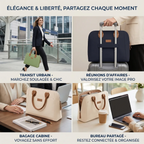 Visuel en 4 parties illustrant les cas d'utilisation de la sacoche ordinateur pour femme Constance dans ses déclinaisons Vert Sauge, Bleu Minuit et Crème Abricot (transit urbain, fixation bagage cabine, réunion d'affaires et espace de bureau partagé).