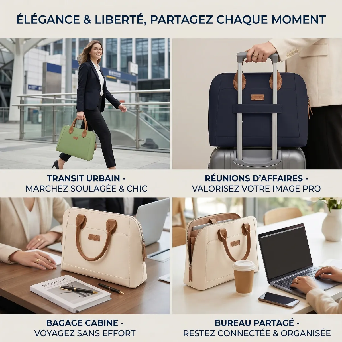Visuel en 4 parties illustrant les cas d'utilisation de la sacoche ordinateur pour femme Constance dans ses déclinaisons Vert Sauge, Bleu Minuit et Crème Abricot (transit urbain, fixation bagage cabine, réunion d'affaires et espace de bureau partagé).