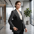 Femme d'affaires en tailleur portant la sacoche ordinateur pour femme CosySleeve Pro XL noir onyx dans un bureau moderne.