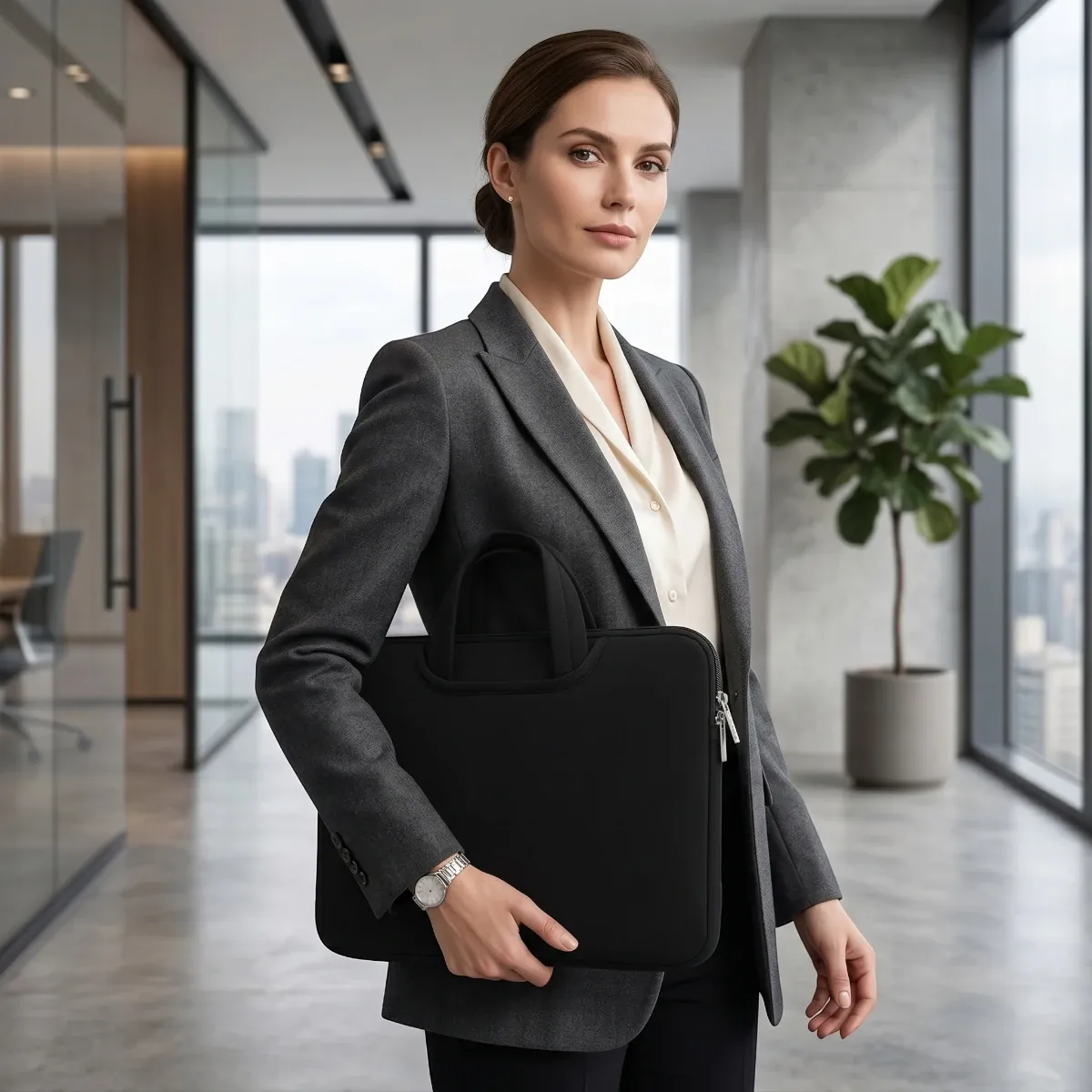 Femme d'affaires en tailleur portant la sacoche ordinateur pour femme CosySleeve Pro XL noir onyx dans un bureau moderne.