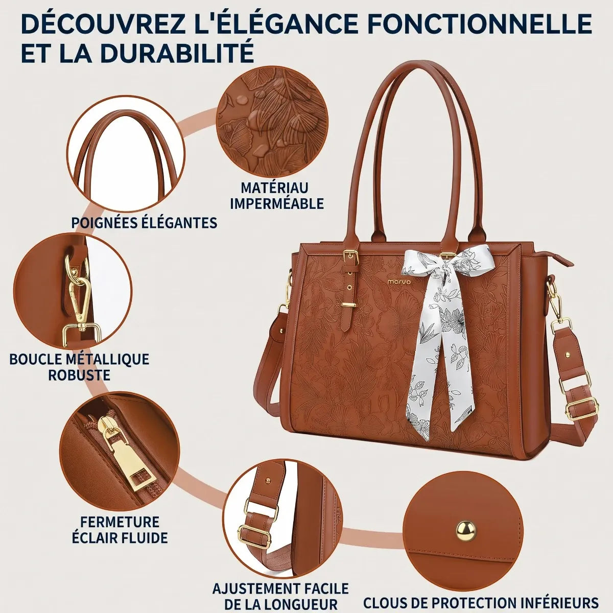 Détails des finitions de la sacoche ordinateur femme cuir PU Floralys : boucles, fermeture et clous.