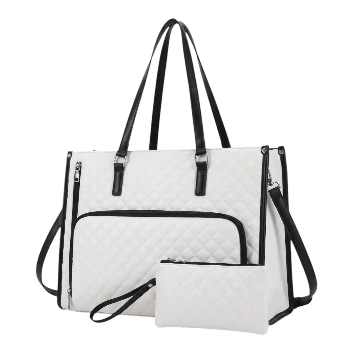 Sacoche ordinateur pour femme Dualia blanche matelassé en studio avec pochette assortie