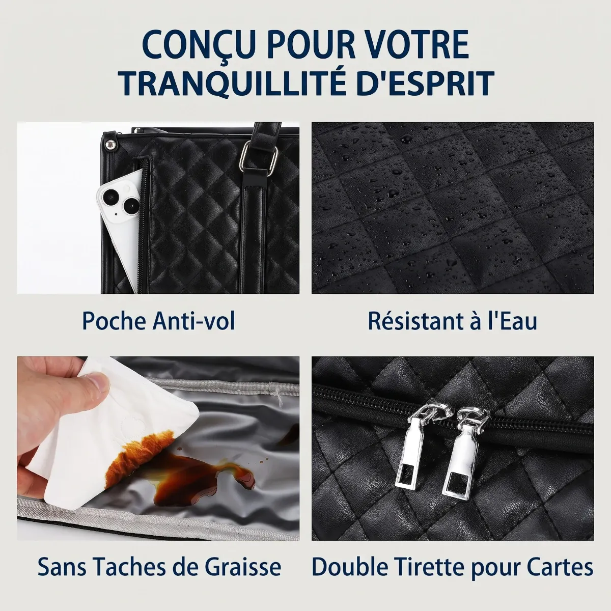 Détails de sécurité et poche anti-vol de la sacoche ordinateur pour femme Dualia