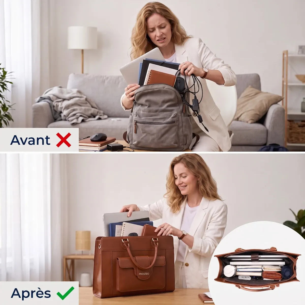 Comparatif avant après : sacoche ordinateur femme Duora contre sac à dos désordonné