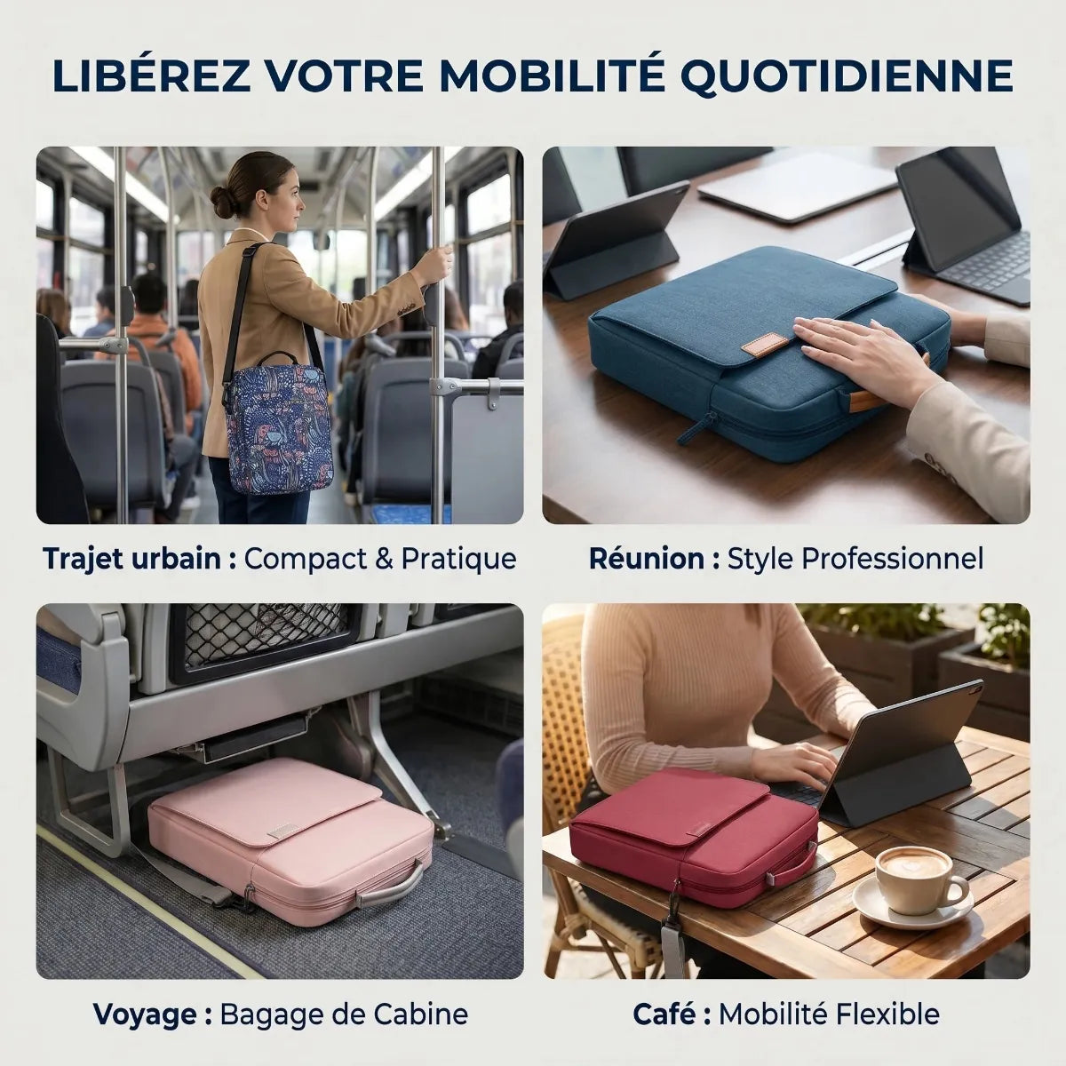 Mosaïque de 4 cas d'utilisation de la sacoche ordinateur pour femme Egyal mettant en scène le trajet urbain, une réunion d'affaires, le rangement en cabine sous le siège et le travail nomade dans un café.