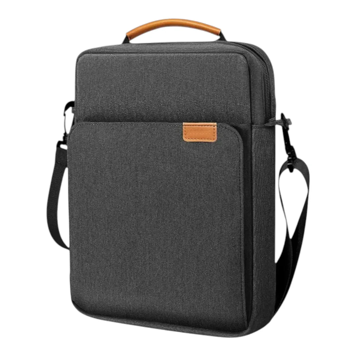Sacoche PC portable femme Egyal couleur gris foncé anthracite avec poignée en cuir marron.