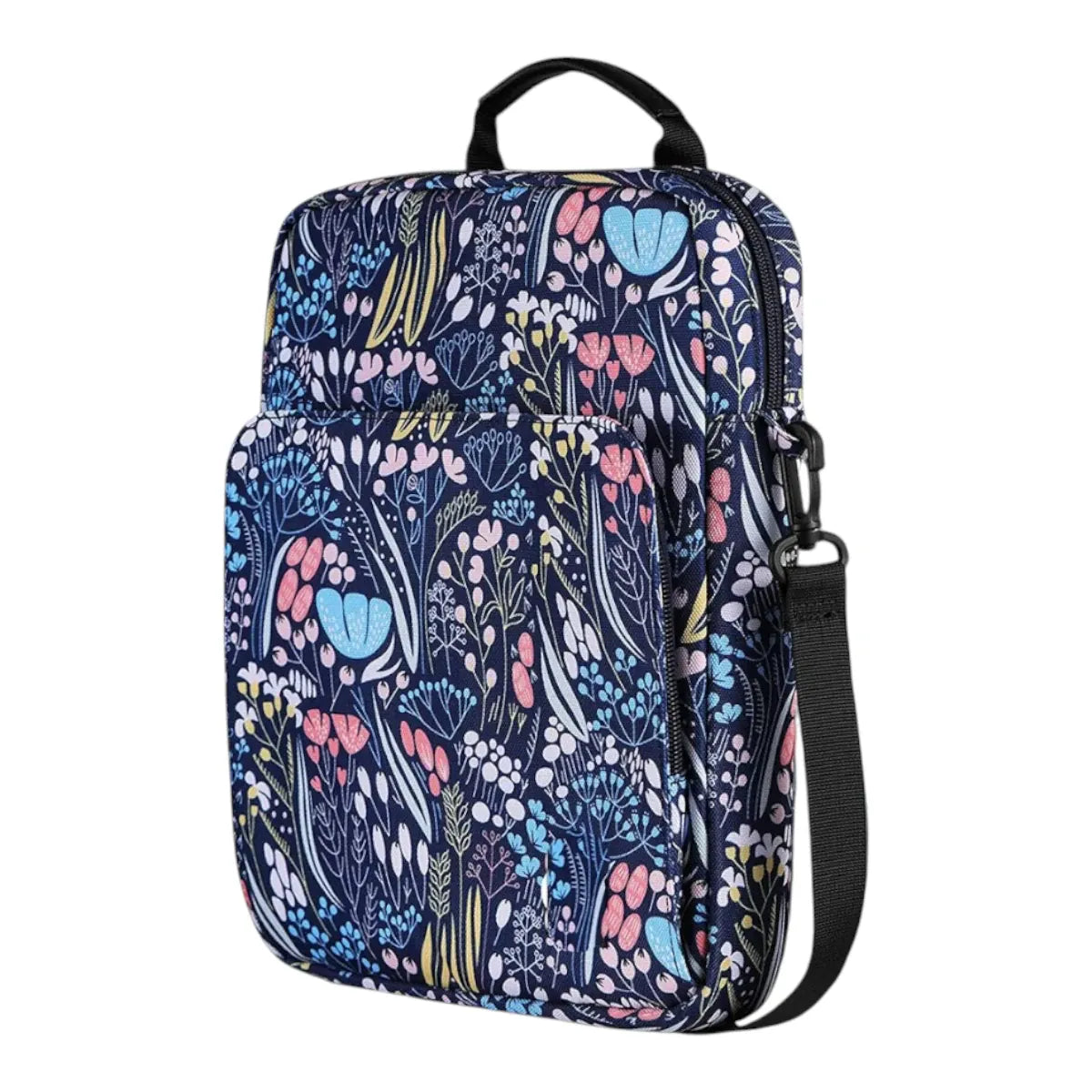 Sacoche ordinateur pour femme Egyal à motif floral bleu sur fond blanc - Photo studio de face.