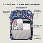 Infographie des compartiments intérieurs de la sacoche ordinateur femme Egyal montrant le rangement ordonné de la souris, du smartphone et des câbles.