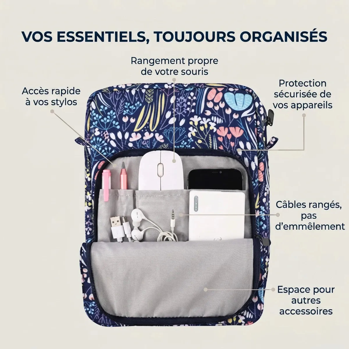 Infographie des compartiments intérieurs de la sacoche ordinateur femme Egyal montrant le rangement ordonné de la souris, du smartphone et des câbles.