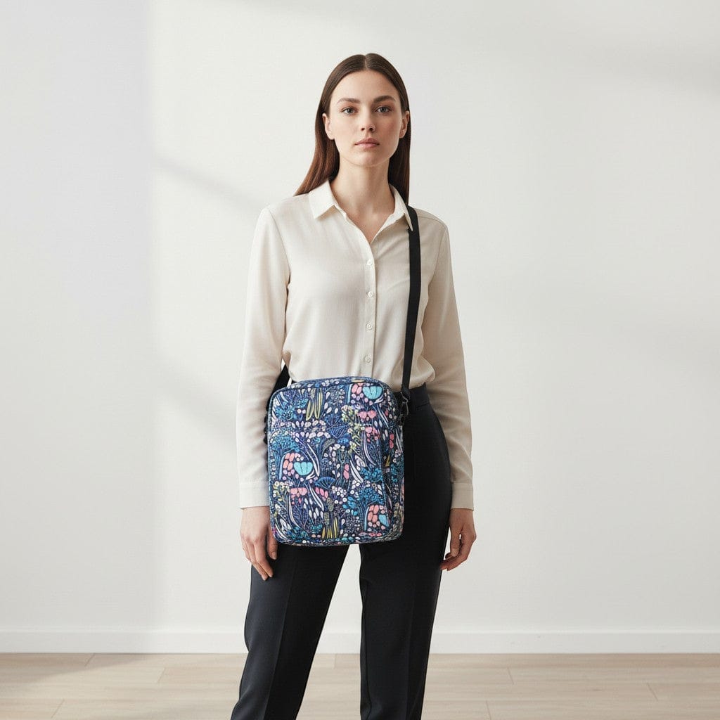 Femme active en tenue business portant la sacoche ergonomique Egyal avec sa bandoulière réglable.