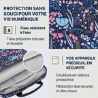 Infographie technique de la sacoche Egyal mettant en avant le tissu imperméable et la doublure en velours antichoc.