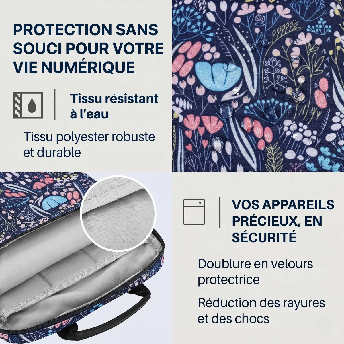 Infographie technique de la sacoche Egyal mettant en avant le tissu imperméable et la doublure en velours antichoc.