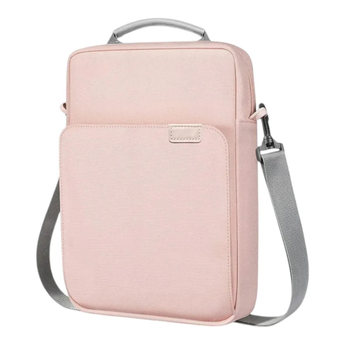Sacoche ordi femme Egyal de couleur rose pastel avec bandoulière grise amovible.