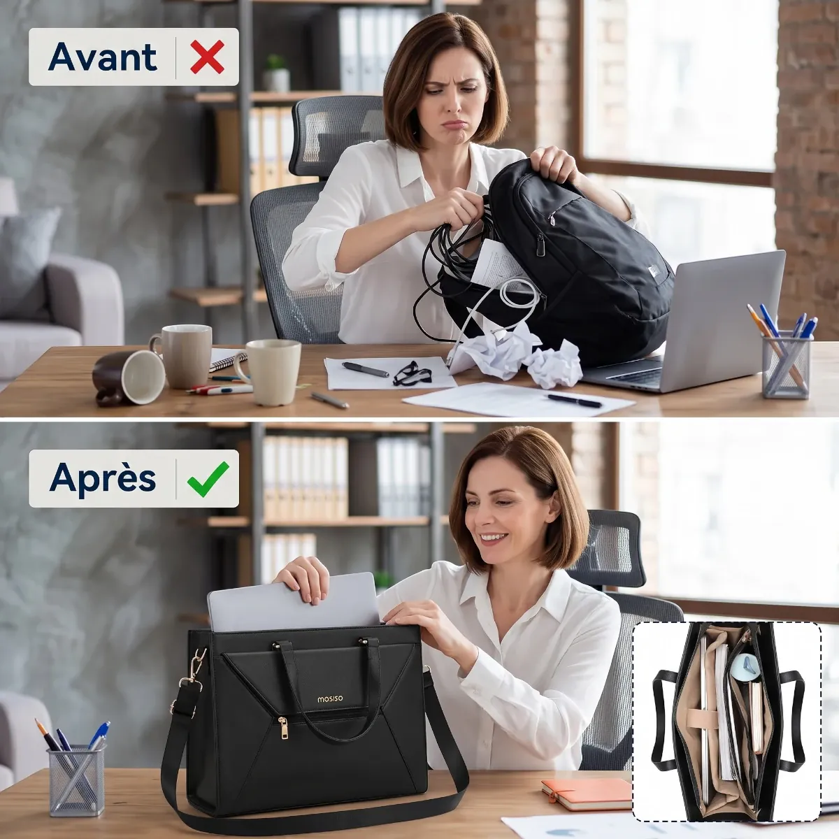 Comparatif avant après entre un sac à dos encombrant et la sacoche ordinateur femme Envolia