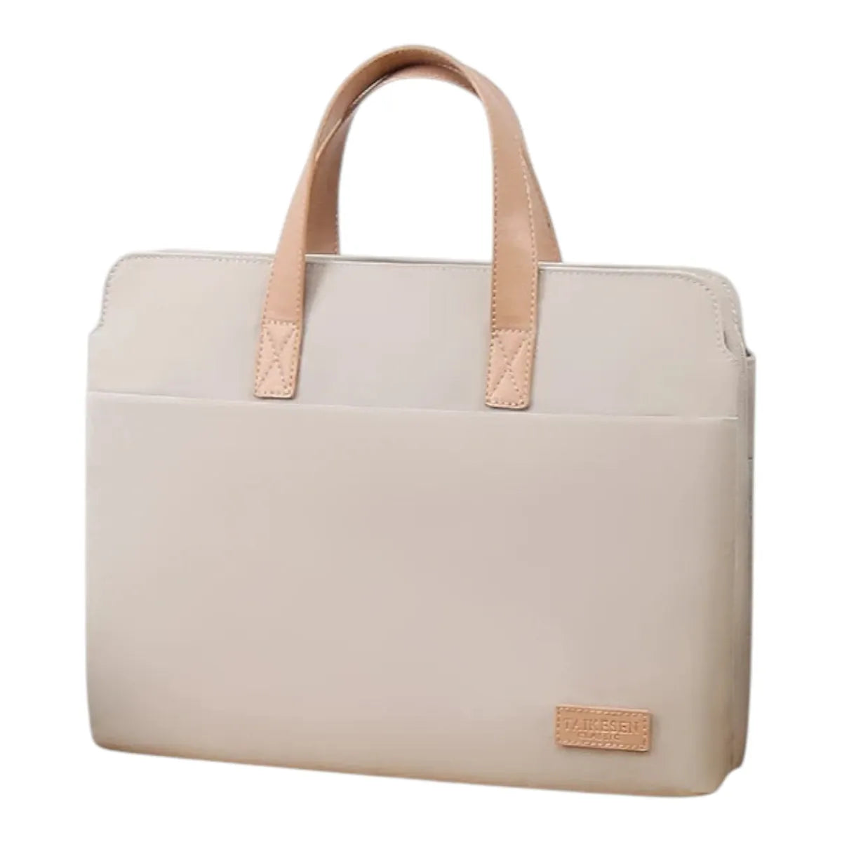 Sacoche ordinateur femme ergonomique couleur beige crème avec poignées en cuir marron clair.