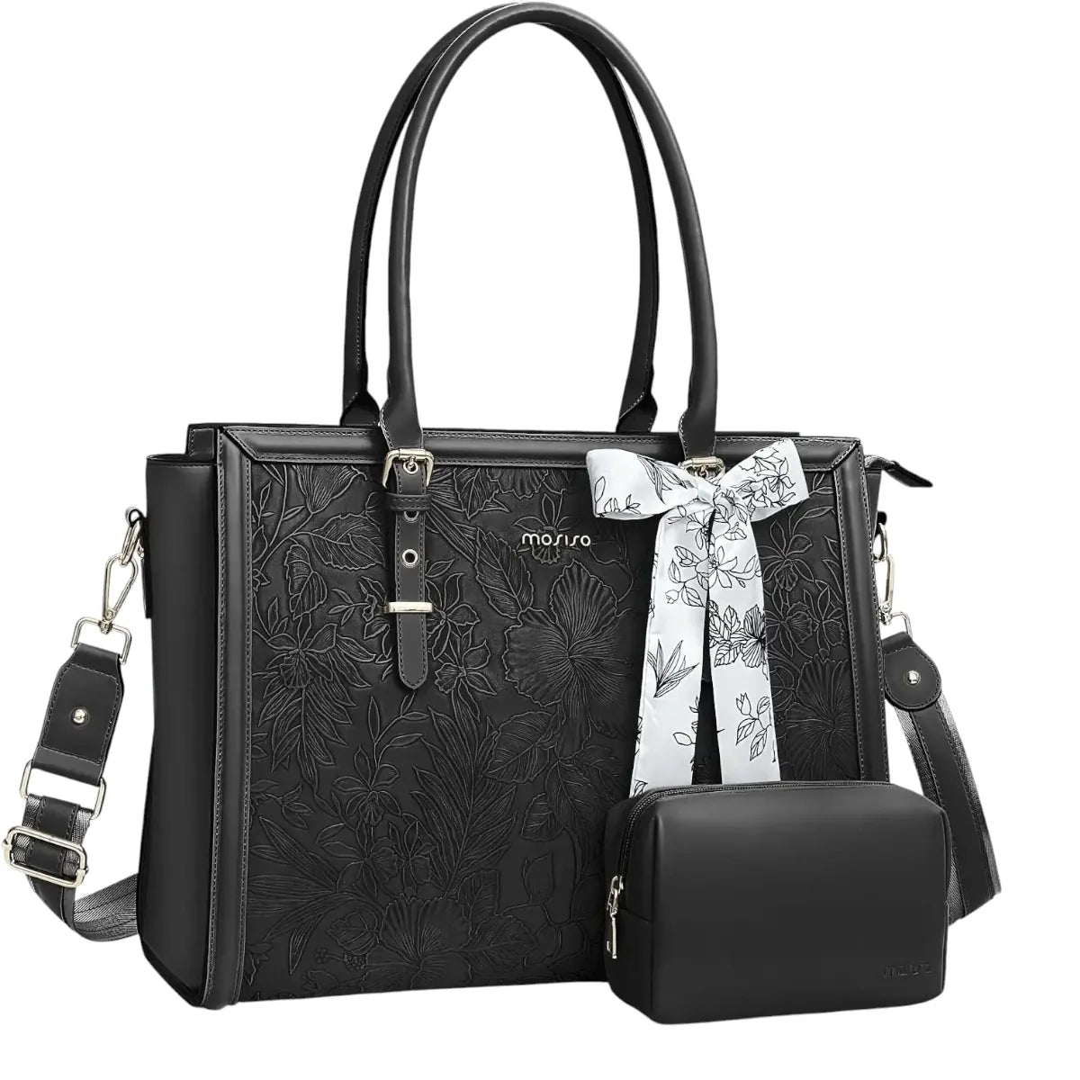 Sacoche ordinateur femme Floralys de couleur noire, élégante et professionnelle avec pochette assortie.