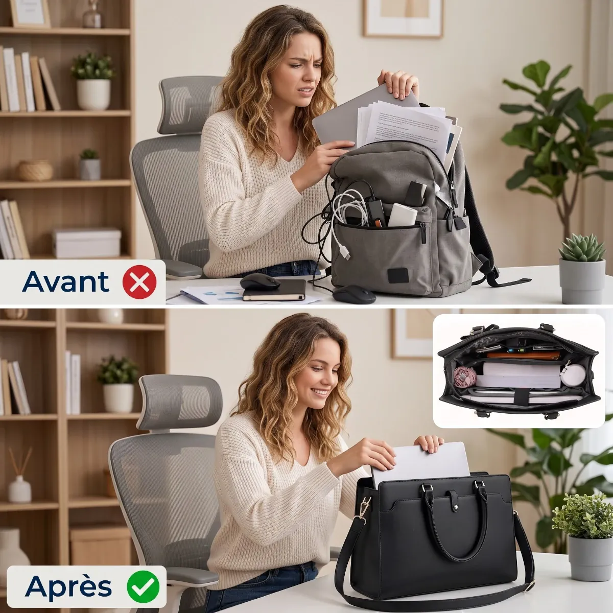Comparatif avant après utilisation de la sacoche ordinateur femme Kalea