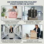 Collage photo en quatre parties illustrant les cas d'utilisation de la sacoche ordinateur pour femme Le Cocon au quotidien : organisation fluide au bureau, sangle trolley fine en déplacement, protection dans les transports et allure professionnelle en réunion.