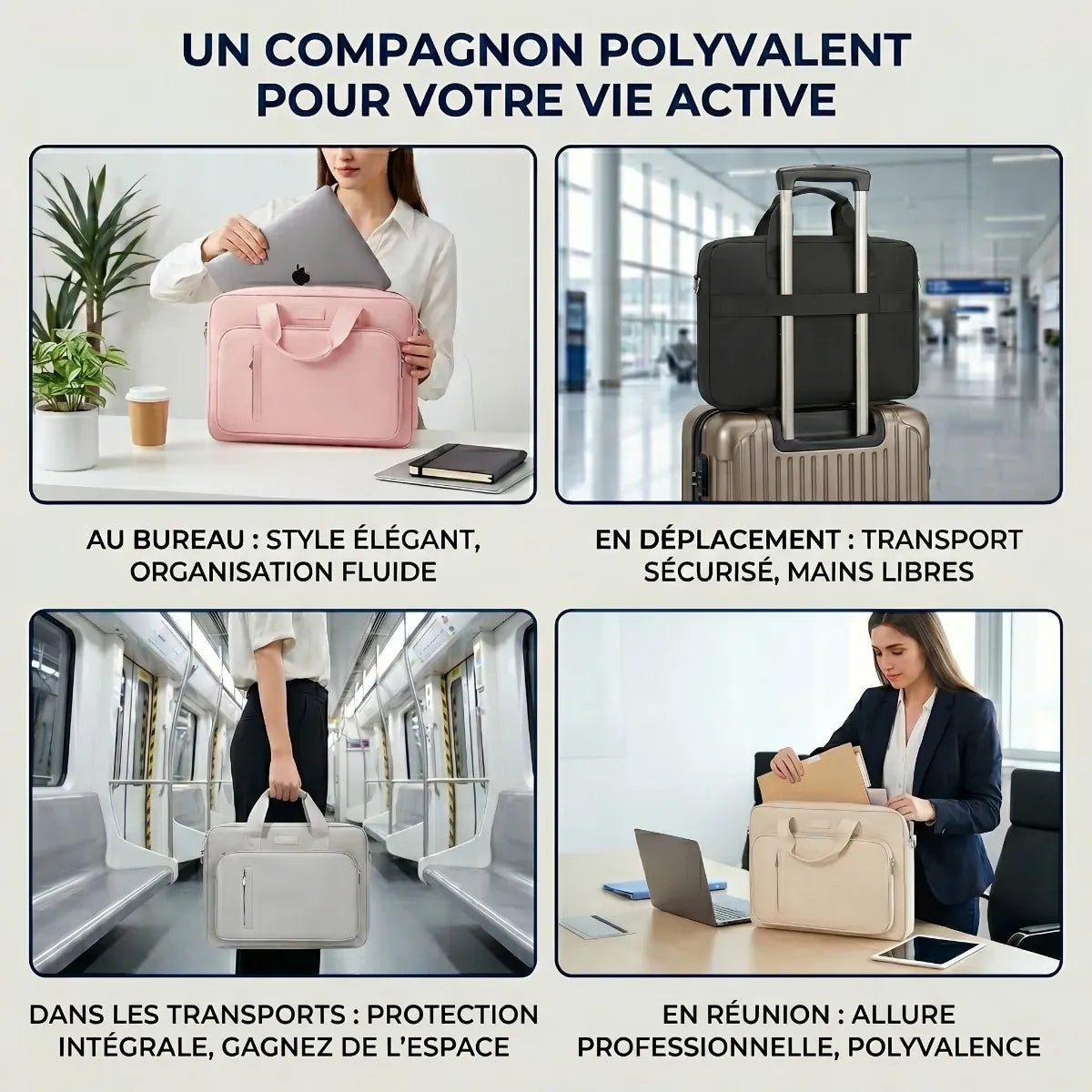 Collage photo en quatre parties illustrant les cas d'utilisation de la sacoche ordinateur pour femme Le Cocon au quotidien : organisation fluide au bureau, sangle trolley fine en déplacement, protection dans les transports et allure professionnelle en réunion.