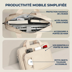 Vue intérieure et poches frontales de la sacoche ordinateur femme Le Cocon remplie d'accessoires pour une productivité mobile simplifiée.