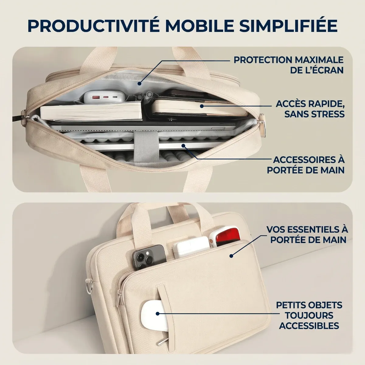 Vue intérieure et poches frontales de la sacoche ordinateur femme Le Cocon remplie d'accessoires pour une productivité mobile simplifiée.