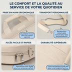 Gros plans sur les finitions premium de la sacoche ordinateur femme Le Cocon : poignée cuir, fermeture éclair fluide et coutures nettes.