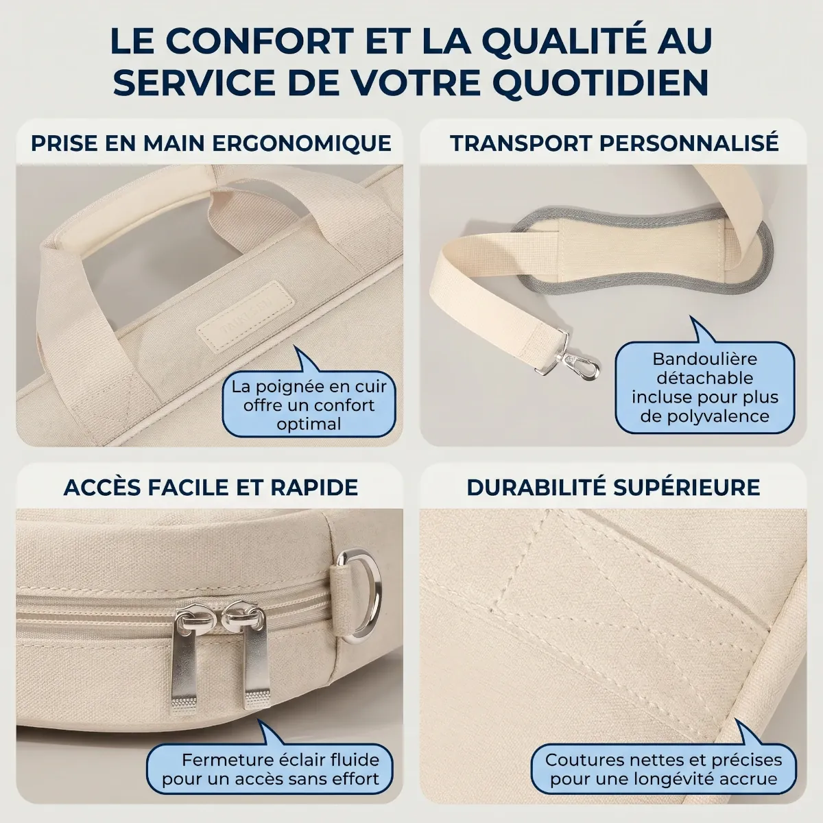 Gros plans sur les finitions premium de la sacoche ordinateur femme Le Cocon : poignée cuir, fermeture éclair fluide et coutures nettes.