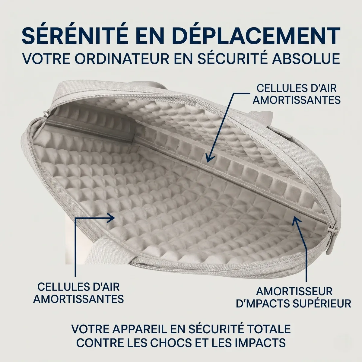 Zoom sur l'intérieur rembourré de la sacoche ordinateur femme Le Cocon mettant en avant le bouclier de protection airbag alvéolé.