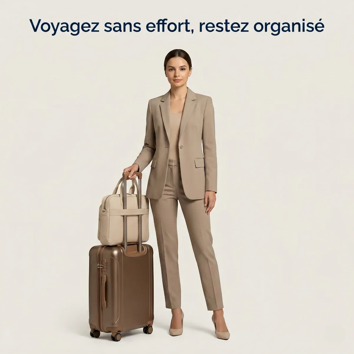 Femme d'affaires en tailleur utilisant la sacoche ordinateur femme Le Cocon fixée sur sa valise grâce à la sangle trolley intégrée.