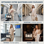 Sacoche ordinateur femme Gemi portée en situations : trajets métro, shopping, voyage cabine et soirée