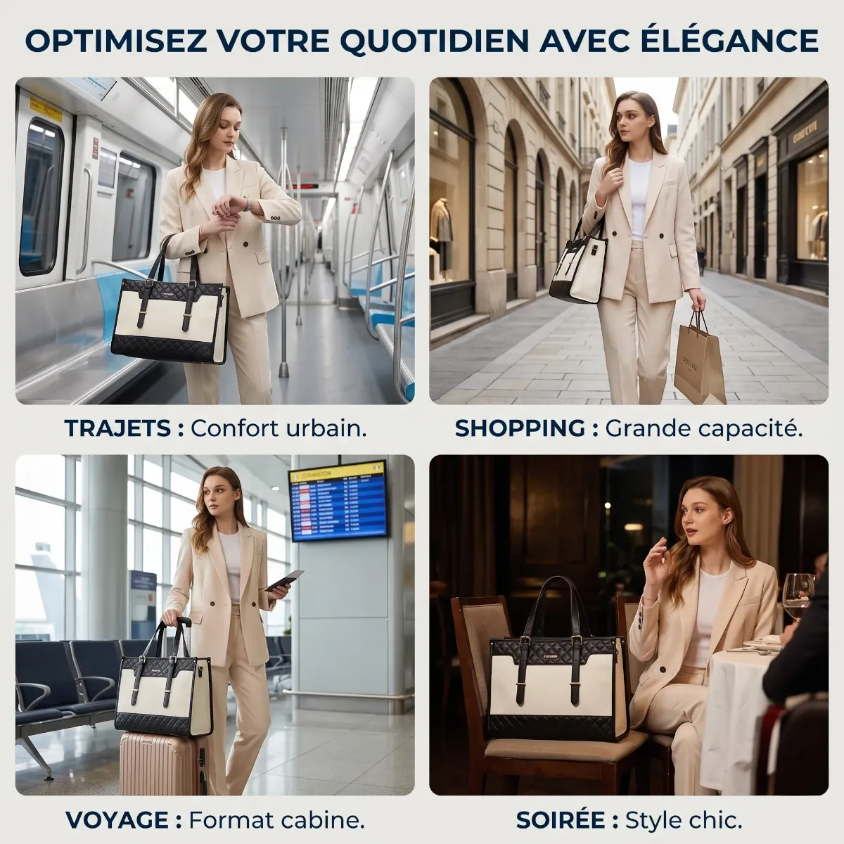 Sacoche ordinateur femme Gemi portée en situations : trajets métro, shopping, voyage cabine et soirée