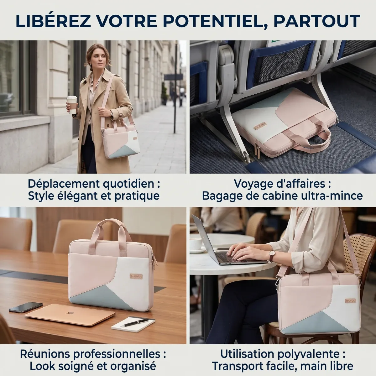 Infographie en 4 parties de la sacoche ordinateur pour femme Mahoo illustrant ses cas d'utilisation : déplacement quotidien, voyage d'affaires glissée sous un siège d'avion, réunion professionnelle et utilisation polyvalente dans un café.