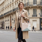 Femme d'affaires en trench-coat portant la sacoche ordinateur femme Mahoo à l'épaule dans une rue de style parisien.