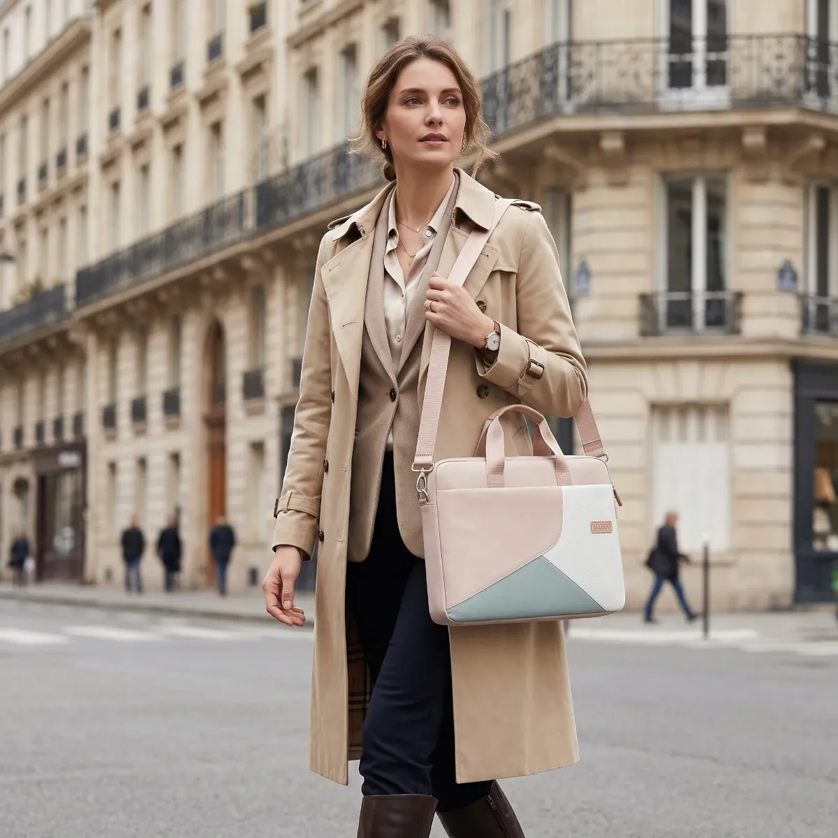 Femme d'affaires en trench-coat portant la sacoche ordinateur femme Mahoo à l'épaule dans une rue de style parisien.