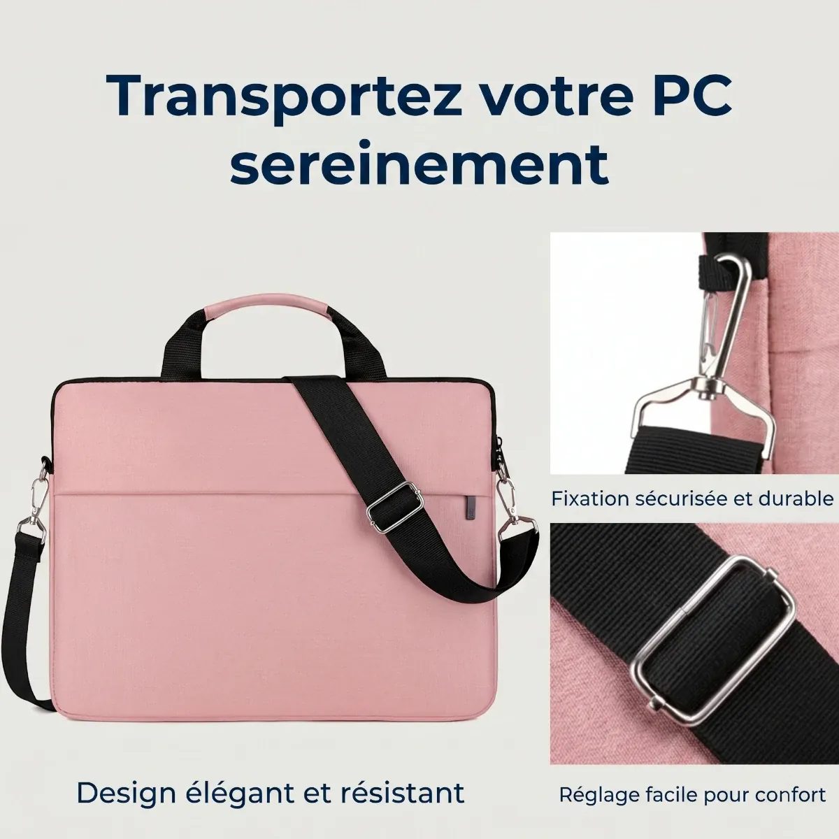 Gros plan sur les crochets métalliques robustes et la boucle de réglage de la sacoche ordinateur pour femme Mairuige.