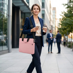 Femme d'affaires active portant la sacoche ordinateur femme Mairuige rose en bandoulière dans un quartier d'affaires.