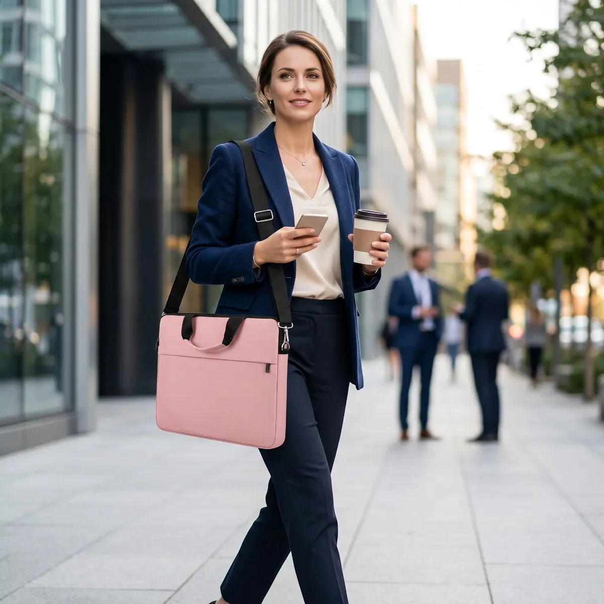 Femme d'affaires active portant la sacoche ordinateur femme Mairuige rose en bandoulière dans un quartier d'affaires.