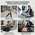 Infographie carrée illustrant les 4 cas d'utilisation de la sacoche ordinateur femme Mairuige (rose, gris et noir) en transit urbain, réunion d'affaires, espace de coworking et déplacement professionnel en train ou avion.