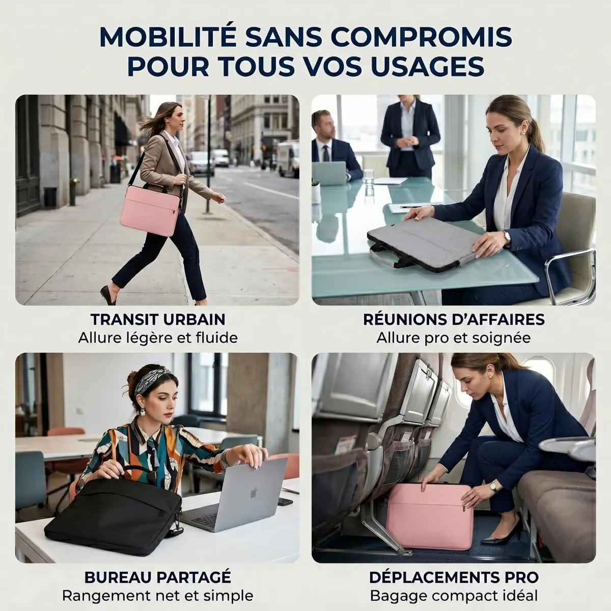 Infographie carrée illustrant les 4 cas d'utilisation de la sacoche ordinateur femme Mairuige (rose, gris et noir) en transit urbain, réunion d'affaires, espace de coworking et déplacement professionnel en train ou avion.