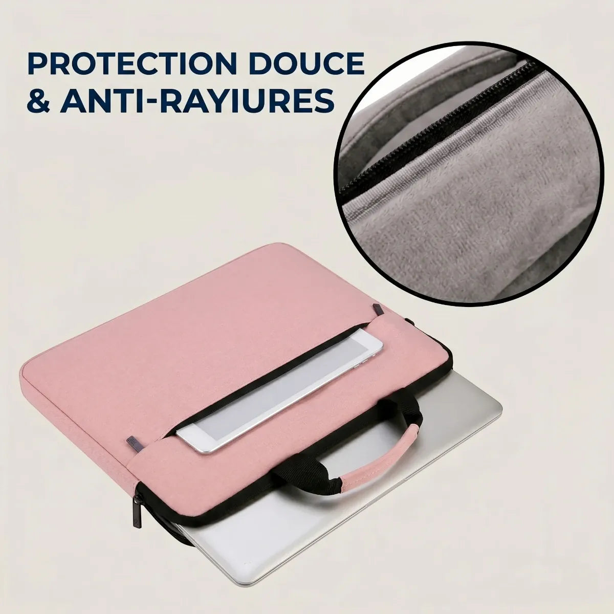 Zoom sur la doublure douce en velours gris antichoc et anti-rayures de la sacoche ordinateur femme Mairuige.