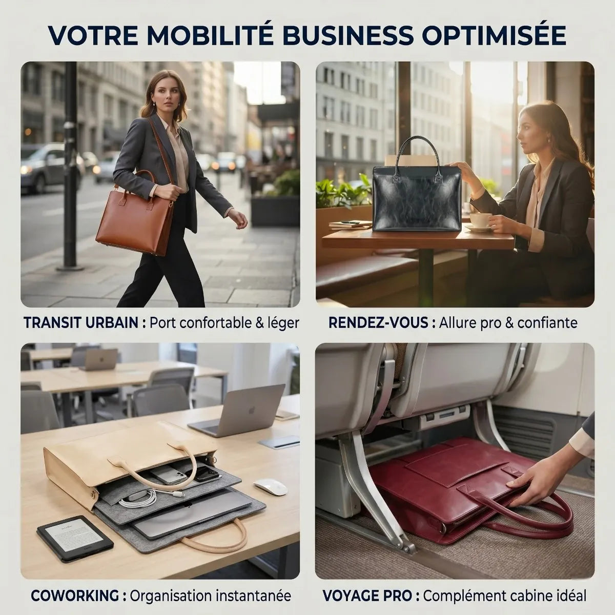 Image en 4 parties illustrant les cas d'utilisation de la sacoche ordinateur femme Quoko : en déplacement urbain, lors d'un rendez-vous d'affaires, en espace de coworking avec son insert amovible, et glissée sous un siège d'avion en voyage professionnel.