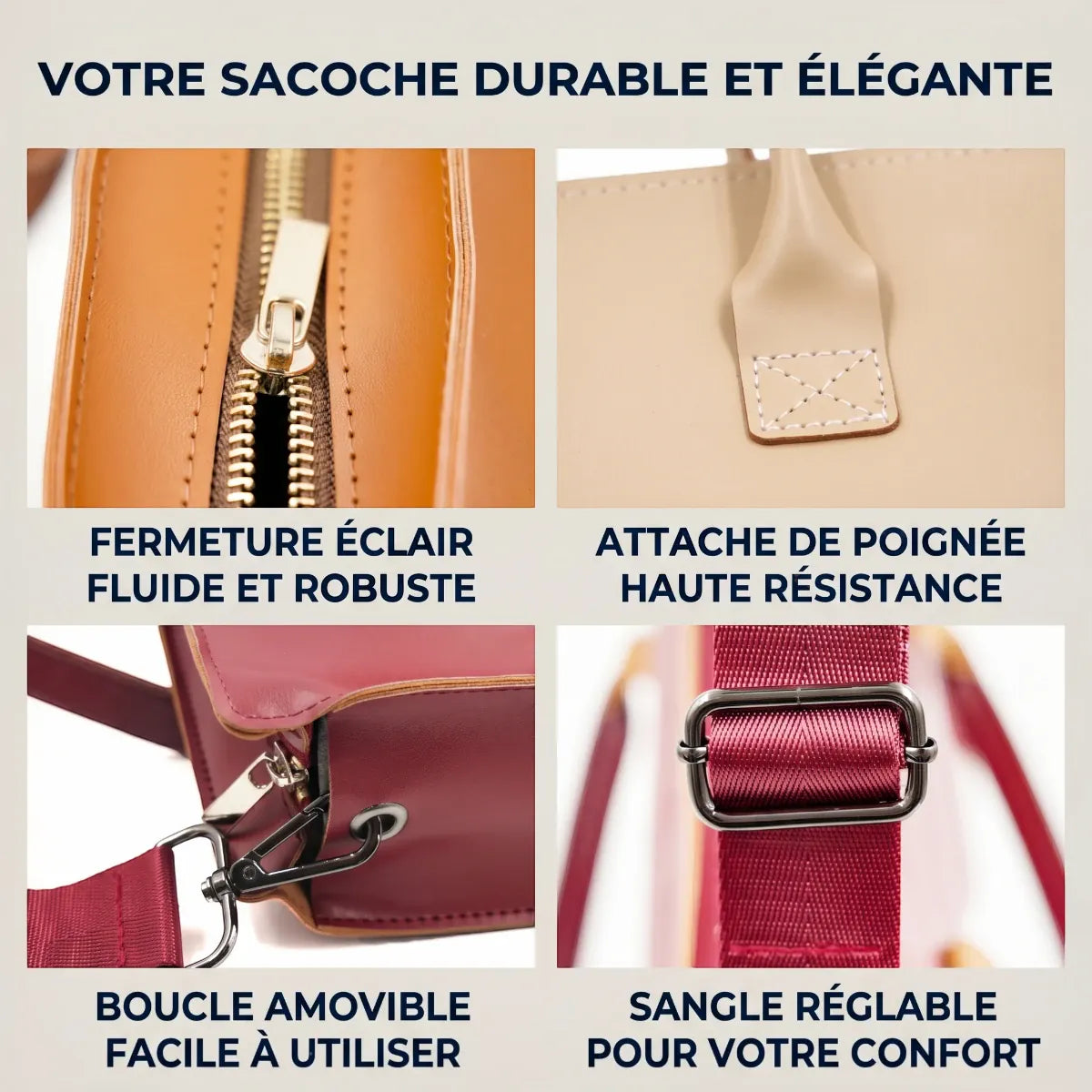Zoom sur les finitions premium de la sacoche ordinateur femme Quoko : fermeture éclair fluide, coutures renforcées et boucles robustes.