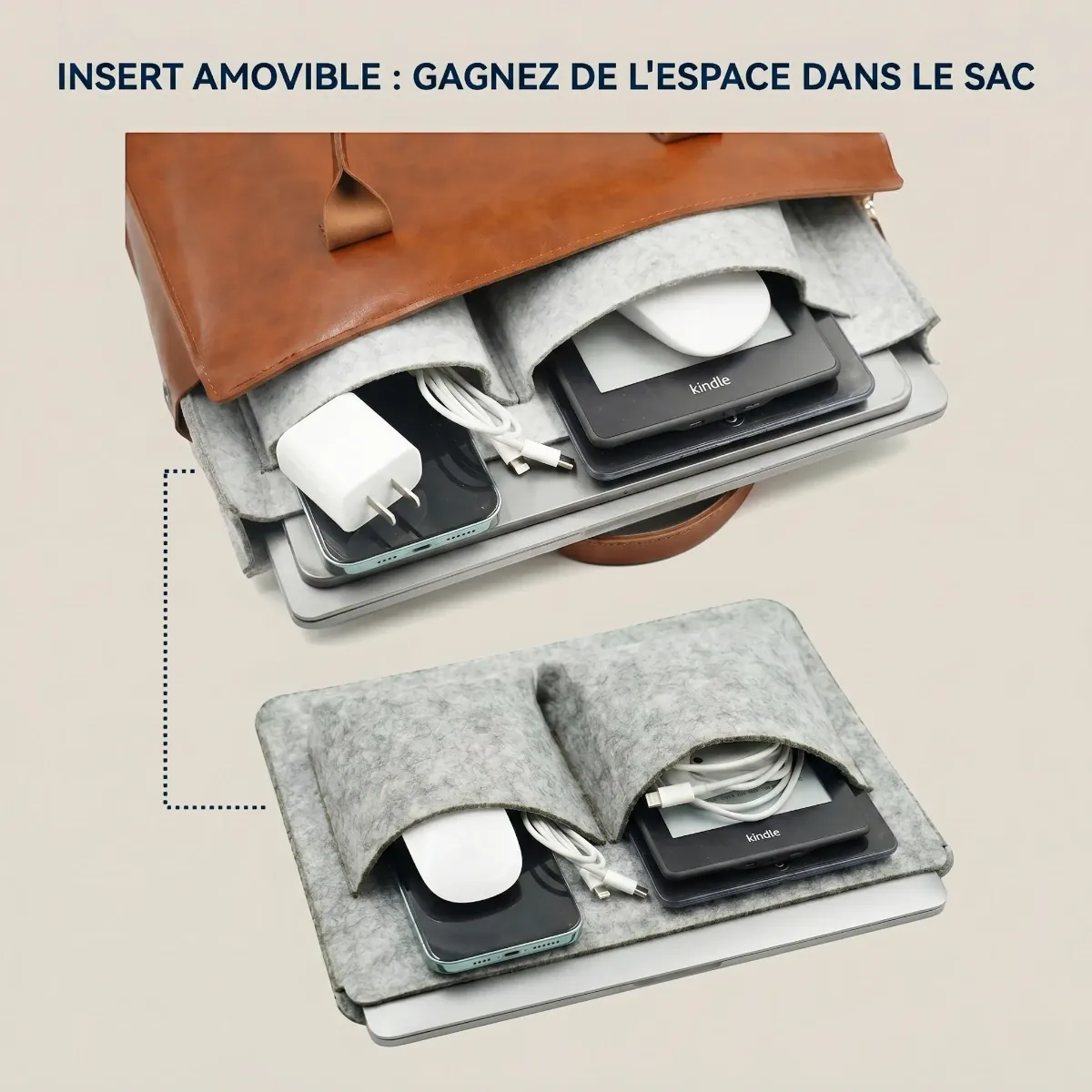 Organiseur et insert amovible en feutre de la sacoche ordinateur femme Quoko pour optimiser et gagner de l'espace dans le sac.